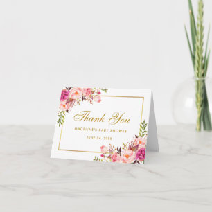 Pink Blush Gold Floral Baby Shower Thanks Note Thank You Card