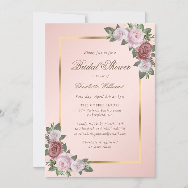 Pink Blush Gold Floral Bridal Shower Invitation (Front)