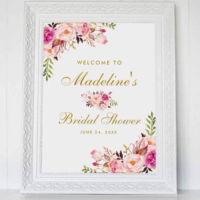 Pink Blush Gold Floral Bridal Shower Welcome Poster (Customize to change text style, color or size.)