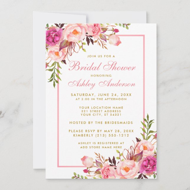 Pink Blush Gold Floral Douche nuptiale Invitation  (Devant)