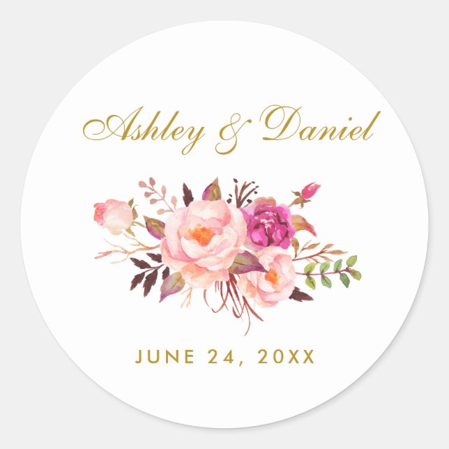 Pink Blush Gold Floral Wedding Classic Round Sticker (Front)