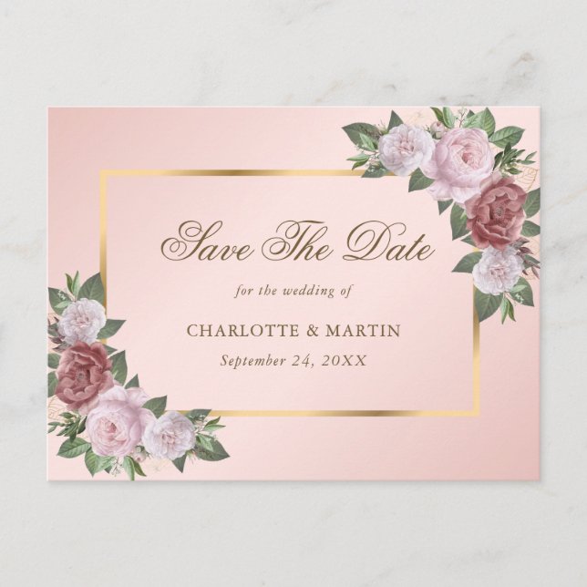 Pink Blush Gold Floral Wedding Save The Date Announcement Postcard (Front)