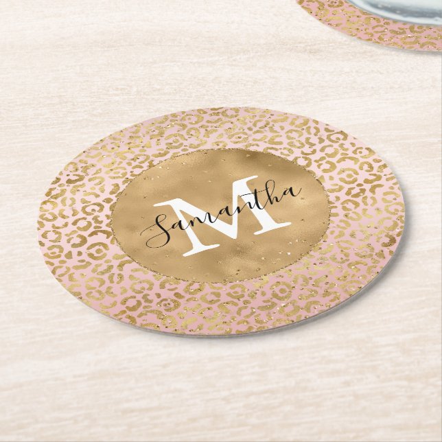 Pink Blush Gold Leopard Print Glitz Sparkle        Round Paper Coaster (Angled)