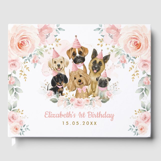 Pink Blush Gold Pet Dogs Baby Girl Birthday Guest Book (Front)