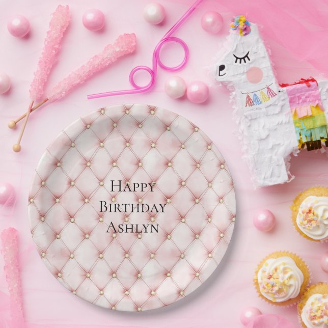 Pink Blush Gold Tufts Birthday Paper Plate (Party)