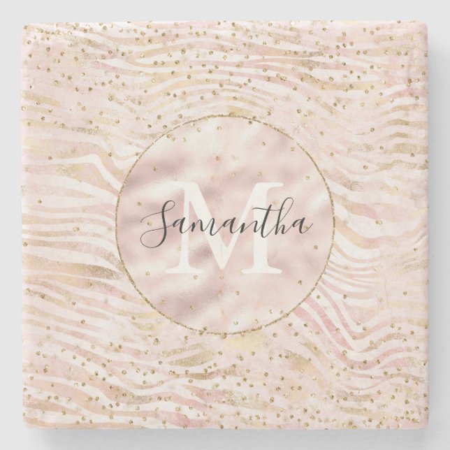 Pink Blush Gold Zebra Print Glitz Monogram   Stone Coaster (Front)