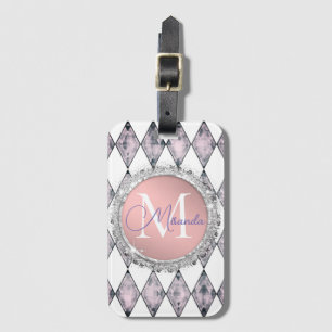 Pink Blush Harlequin Glitter Monogram Personalized Luggage Tag