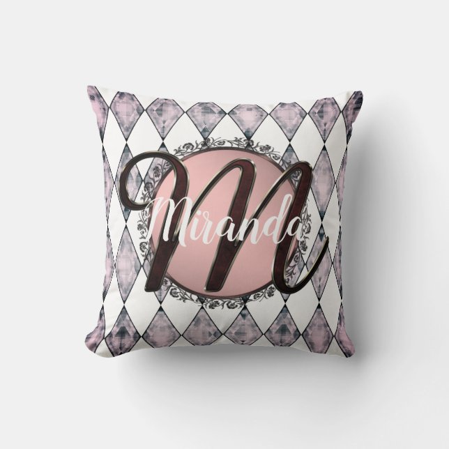 Pink Blush Harlequin Monogram Throw Pillow (Front)