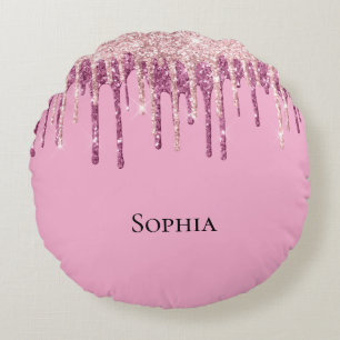 Pink Blush Ice Cream Glitter Drips Round Pillow