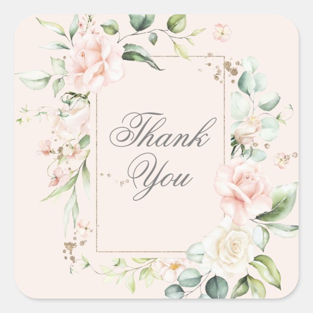 Pink Blush Ivory Floral Thank You Square Sticker (Front)