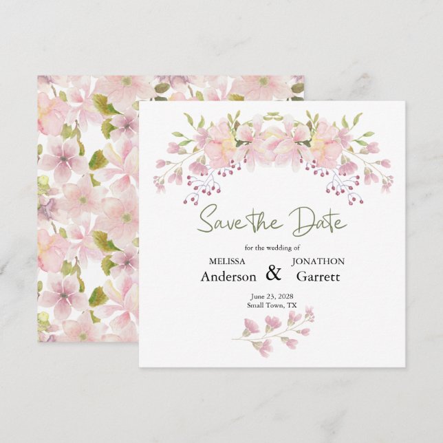Pink Blush Magnolia Floral Elegant Save The Date (Front/Back)