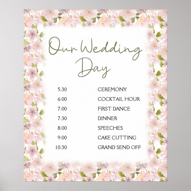 Pink Blush Magnolia Floral Wedding Schedule Poster (Front)