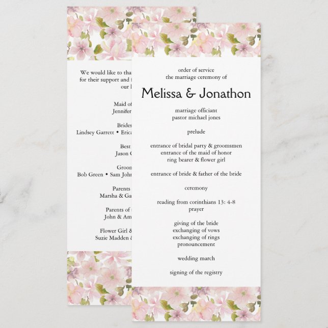 Pink Blush Magnolia Programme de mariage floral (Devant / Derrière)