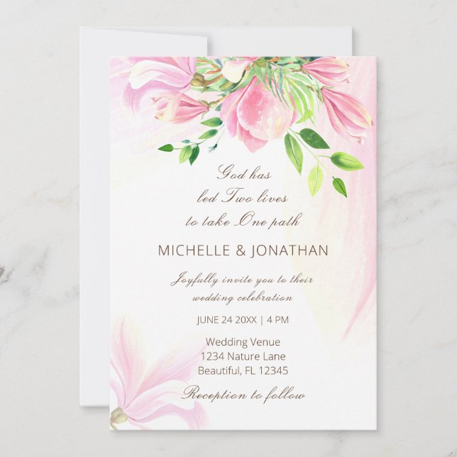 Pink Blush Magnolias Floral Christian Wedding  Invitation (Front)