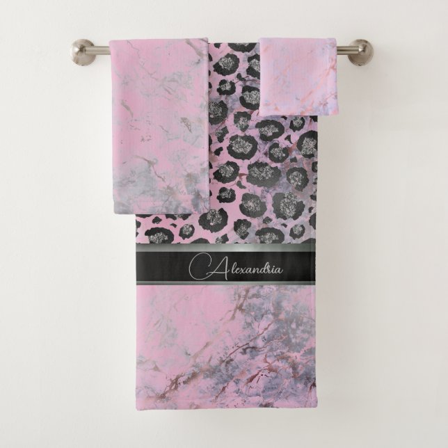Pink Blush Marble Glittery Leopard Personalized Bath Towel Set (Insitu)