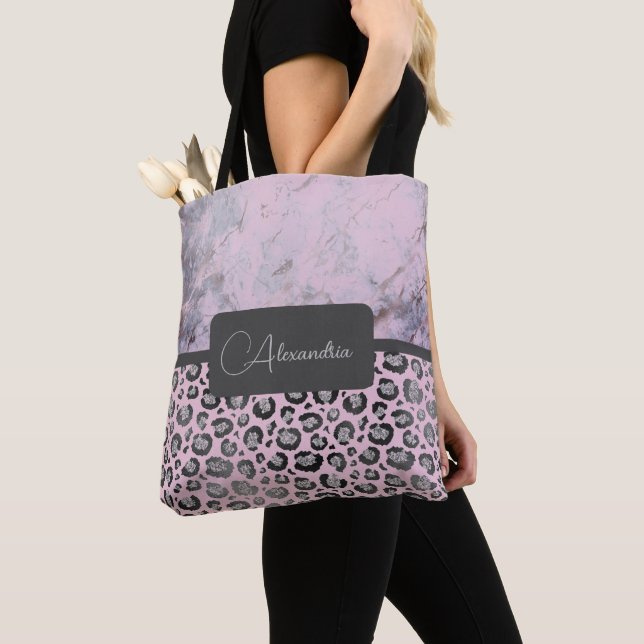 Pink Blush Marble Glittery Leopard Personalized Tote Bag (Close Up)