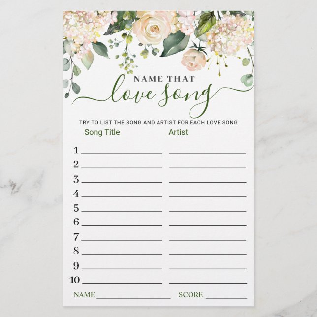 Pink Blush Name that Love Song Bridal Shower Game (Front)