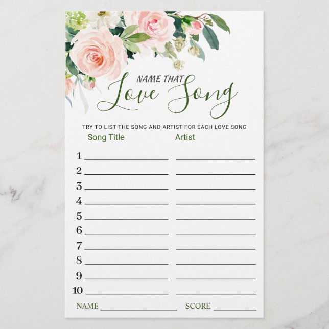 Pink Blush Name that Love Song Bridal Shower Game (Front)
