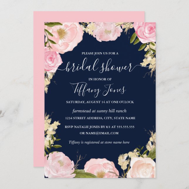 Pink Blush Navy Floral Bridal Shower Invitation (Front/Back)