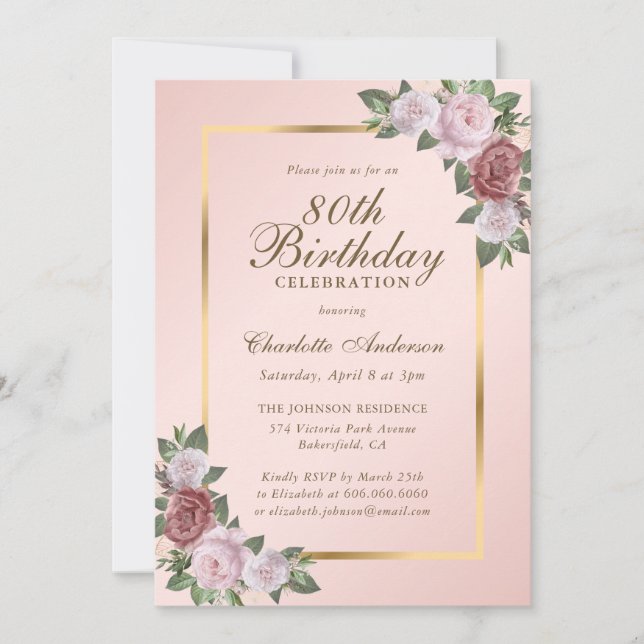 Pink Blush or Floral 80e anniversaire Invitation (Devant)