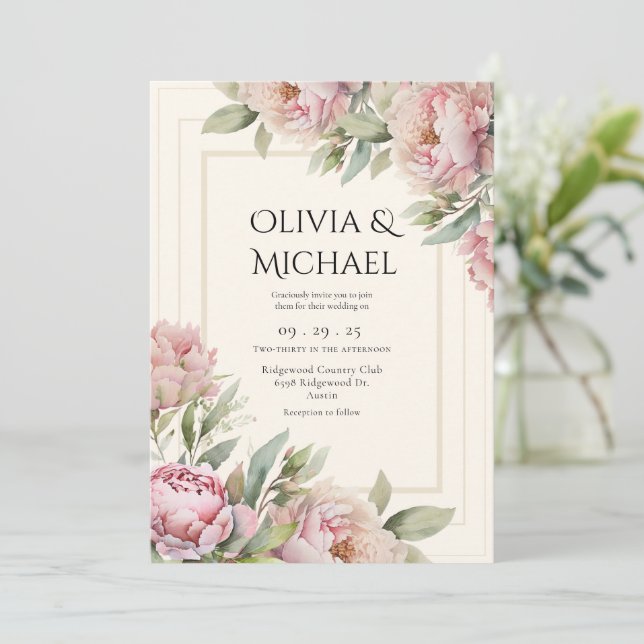 Pink Blush Peonies Floral Elegant Wedding Invitation (Standing Front)