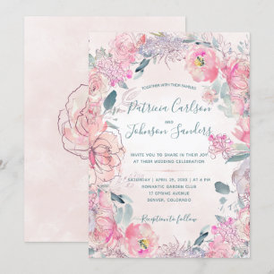 Pink blush peonies watercolor bouquets wedding invitation