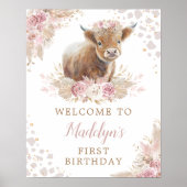Pink Blush Pink Highland Cow Birthday Welcome Poster (Front)