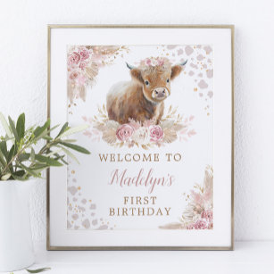 Pink Blush Pink Highland Cow Birthday Welcome Poster
