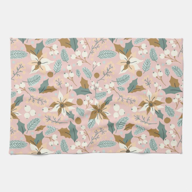 Pink blush poinsettia winter xmas holiday kitchen towel (Horizontal)
