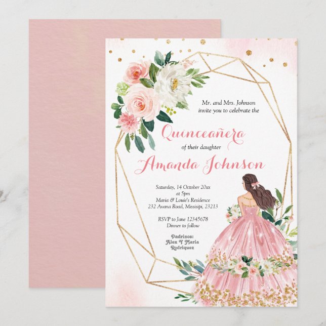 Pink Blush Princess Quinceañera Invitation (Front/Back)
