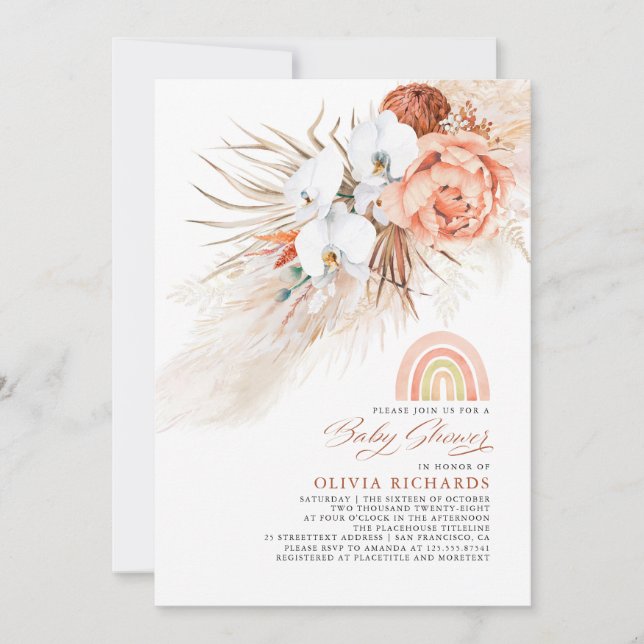 Pink Blush Rainbow Pampas Grass Baby Shower Girl Invitation (Front)