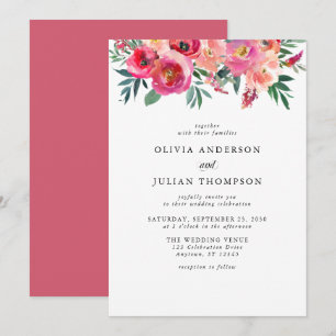 Pink Blush & Red Floral Watercolor Wedding Invitation