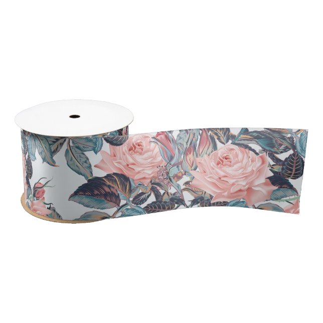 Pink Blush Rose Design Satin Ribbon (Spool)