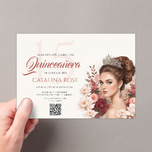 Pink Blush Rose Elegant Quinceañera QR Code Acrylic Invitations