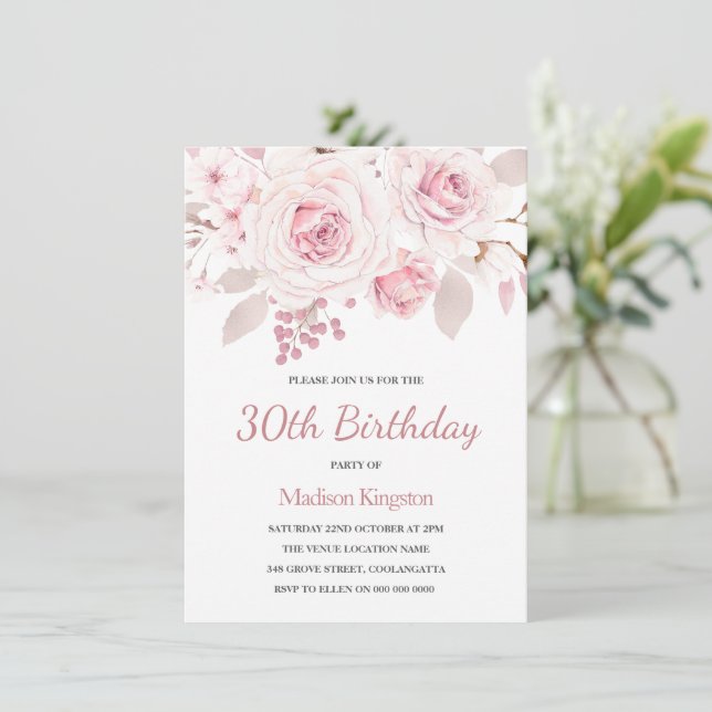 Pink Blush Rose Elegant Womans 30th Birthday Party Invitation (Standing Front)
