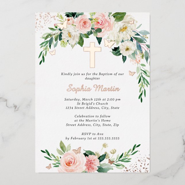 Pink Blush Rose Gold Cross Wreath Girl Baptism  (Front)