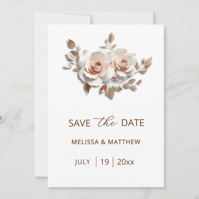 Pink Blush Rose Gold Roses  3D Flowers Save The Date (Front)