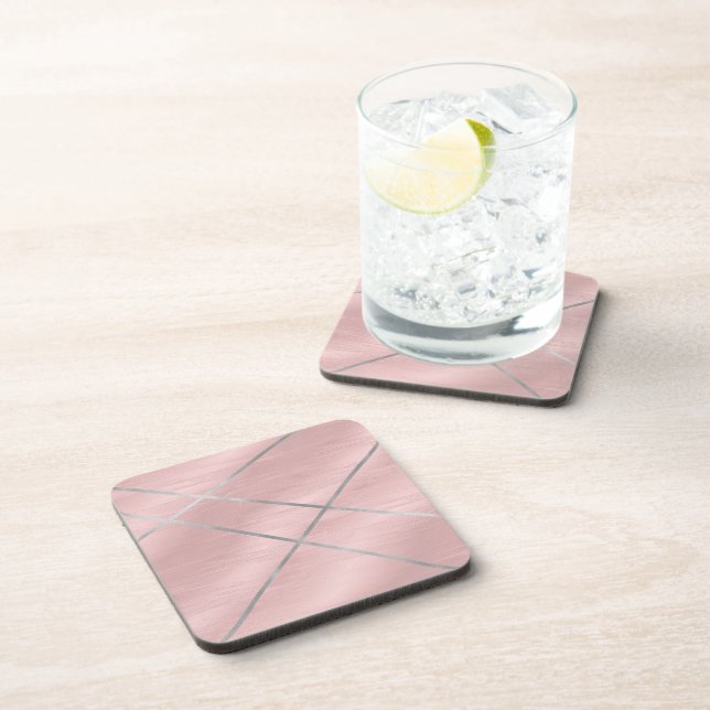 Pink Blush Rose & Silver Modern Glam Coaster (Right Side)