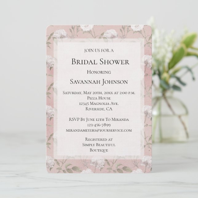 Pink Blush Rose White Floral Bridal Shower  Invitation (Standing Front)