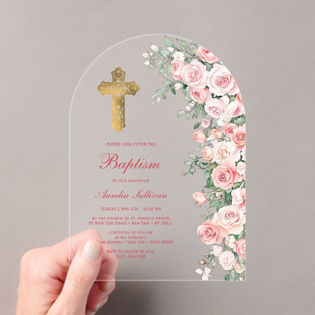Pink Blush Roses Arch Baptism Acrylic Invitations (Insitu (Handheld))