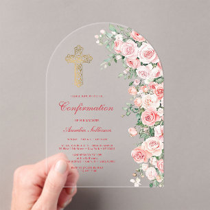 Pink Blush Roses Arch Confirmation Acrylic Invitations