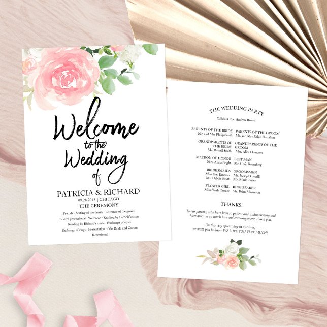 Pink Blush Roses Floral Watercolor Wedding Program (Creator Uploaded)