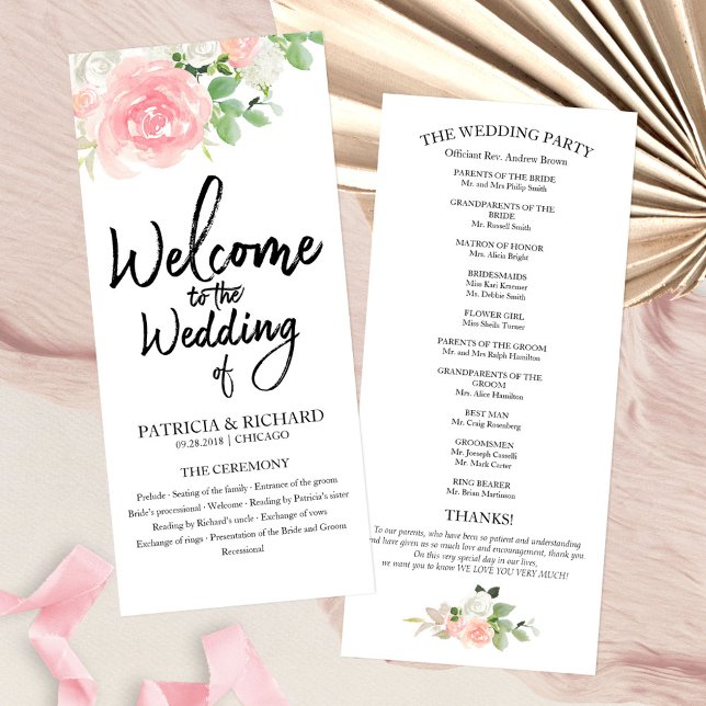 Pink Blush Roses Floral Watercolor Wedding Program (Creator Uploaded)