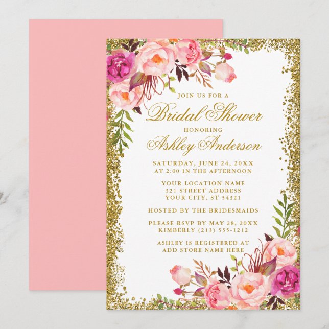 Pink Blush Roses Gold Glitter Bridal Shower Invitation (Front/Back)