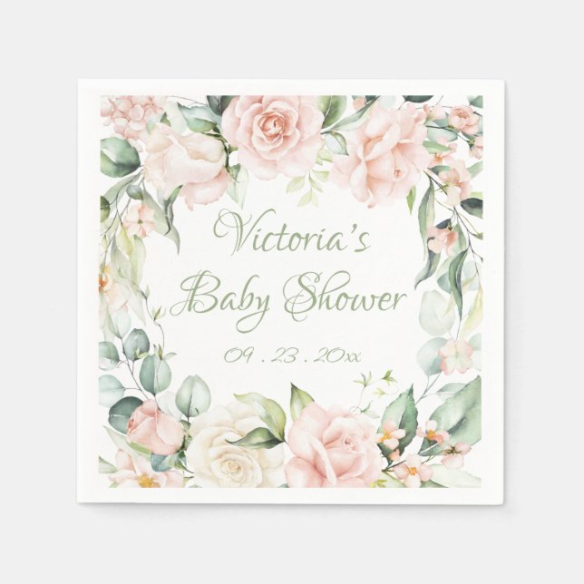 Pink Blush Sage Floral Personalized Baby Shower  Napkin (Front)
