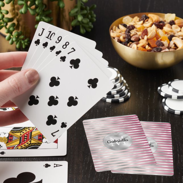 Pink Blush Silver Stripes Monogram Playing Cards (In Situ)