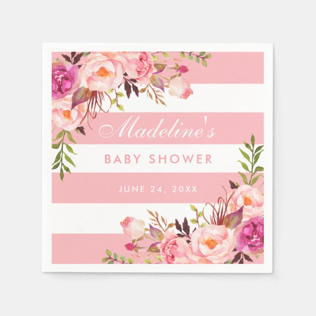 Pink Blush Striped Floral Baby Shower Napkin (Front)