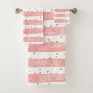 Pink Blush Stripes Faux Gold Confetti Bath Towel Set