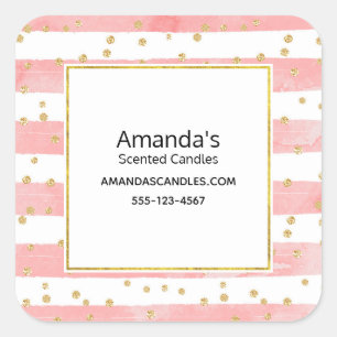 Pink Blush Stripes   Faux Gold Confetti Business Square Sticker