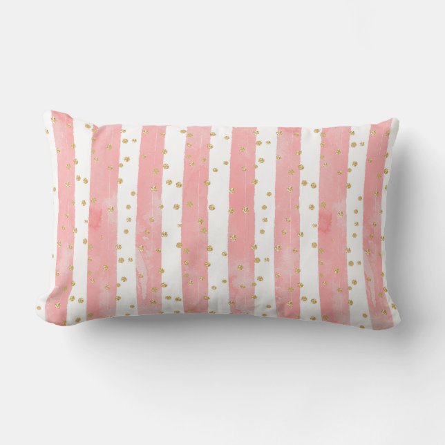 Pink Blush Stripes | Faux Gold Confetti Lumbar Pillow (Front)